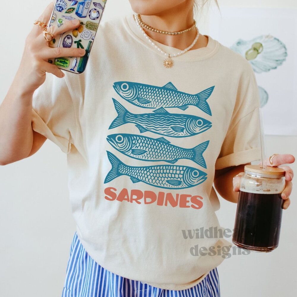 Sardines Shirt, Sardine Summer Shirt, Sardine Girl Shirt - Heather Dust XS-2X - Picture 2 of 5